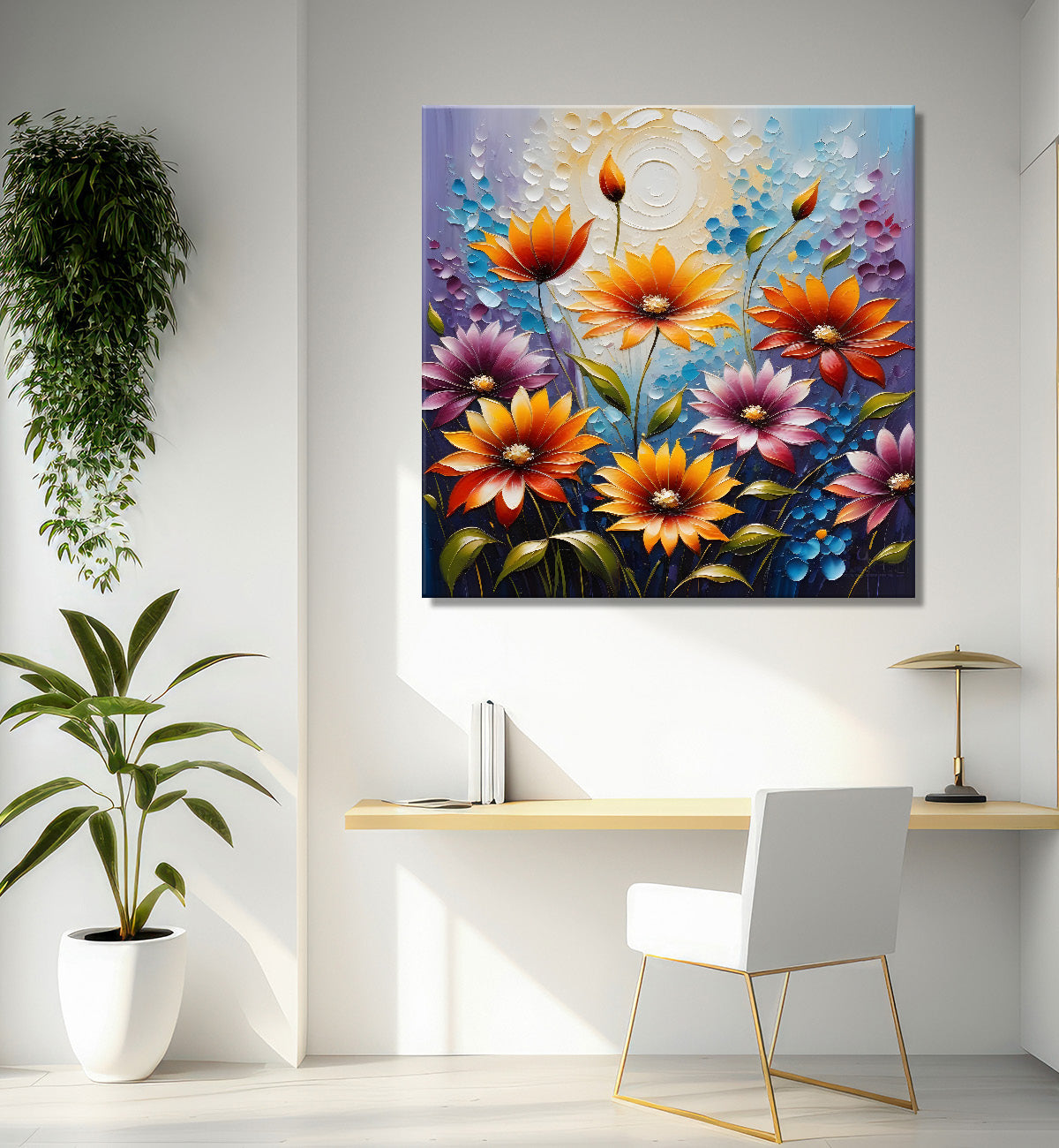 Colourful flowers in blue textured painting - Flower-S-111
