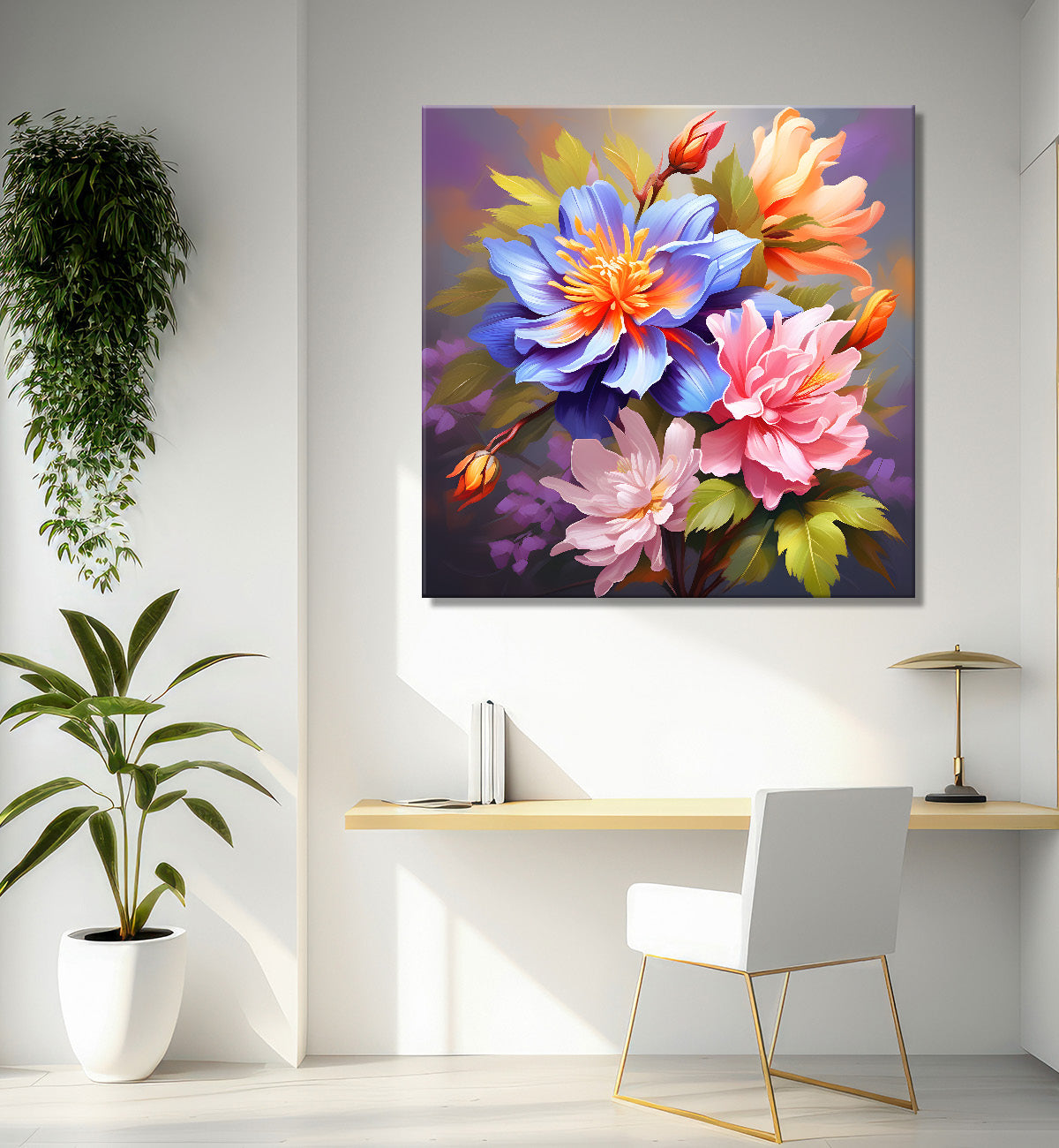 Pink and orange flowers in grey textured painting - Flower-S-116