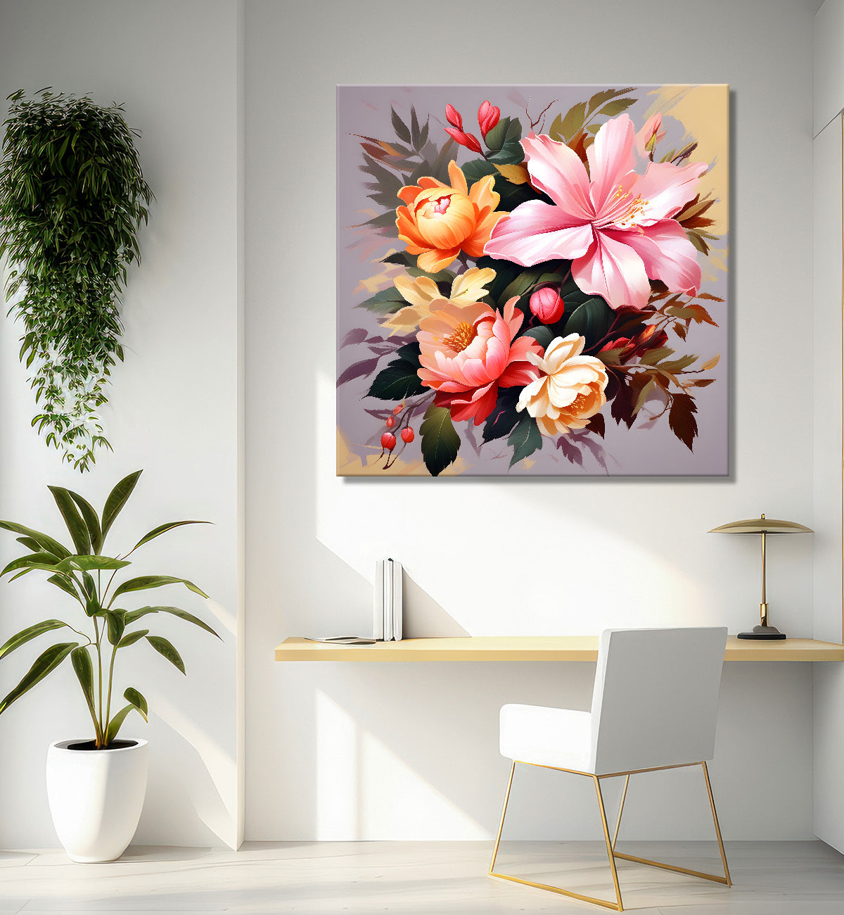 Purple and peach flowers in light background textured paitning - Flower-S-117