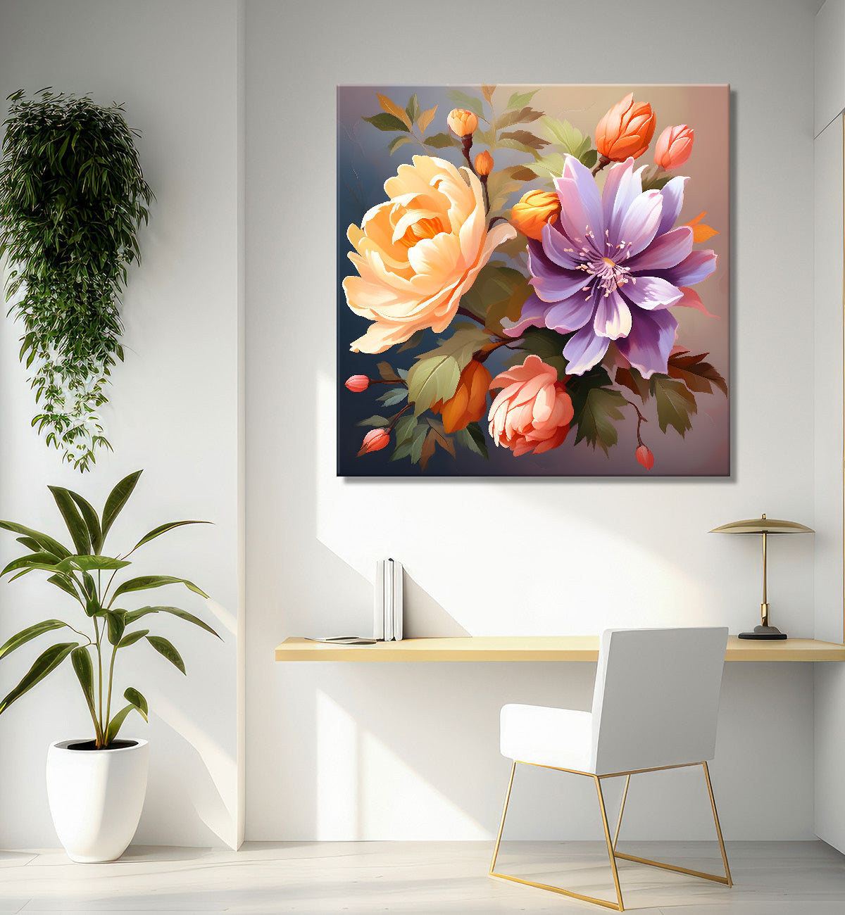 Purple and peach flowers in light background textured paitning - Flower-S-118