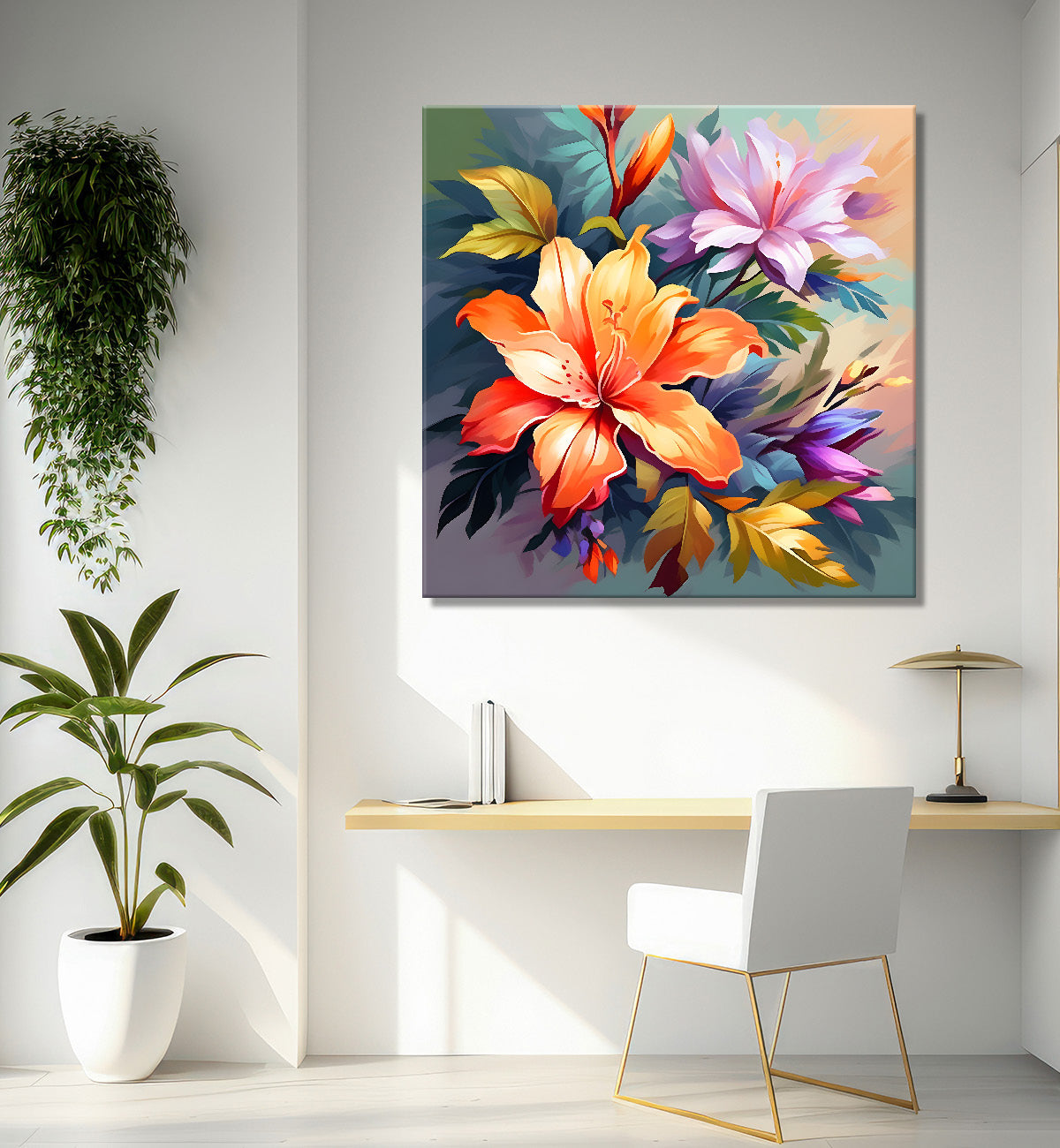 Orange flowers in light background textured painting - Flower-S-119