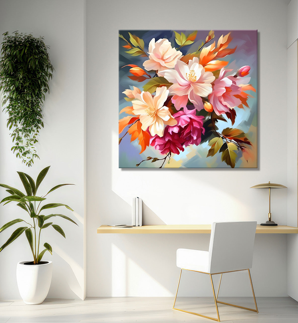 Pink flowers in blue background textured painting - Flower-S-121
