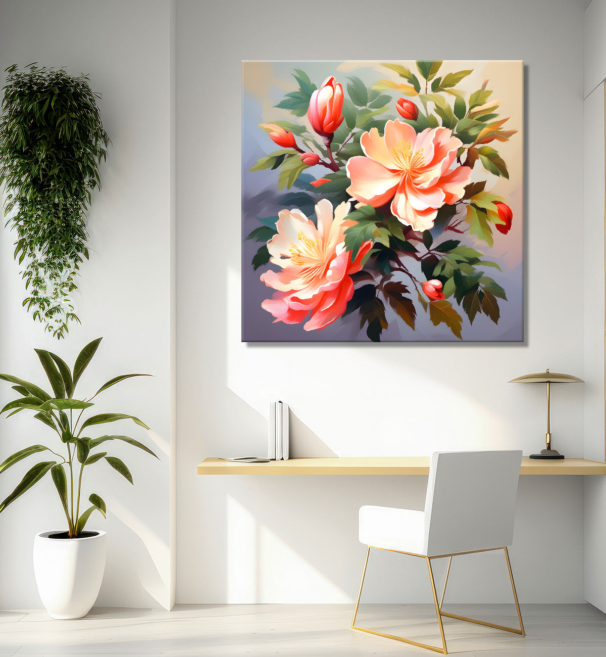 Pink flowers in grey background textured painting - Flower-S-122