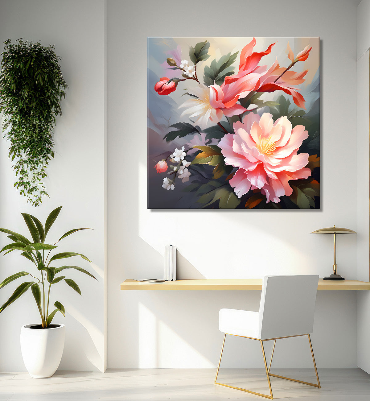 Pink flowers in grey background textured painting - Flower-S-123