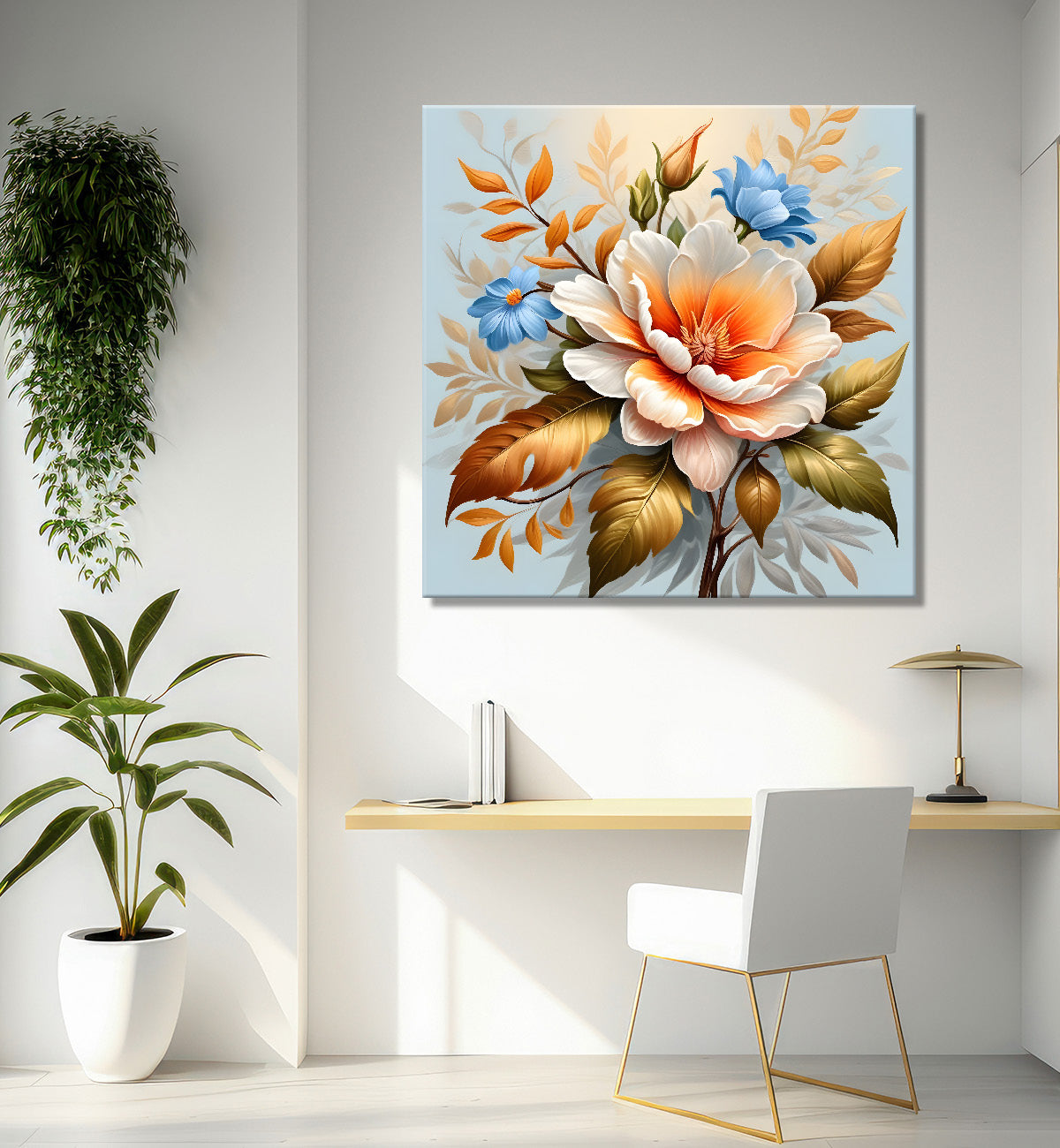 White flower in sky blue textued painting - Flower-S-124