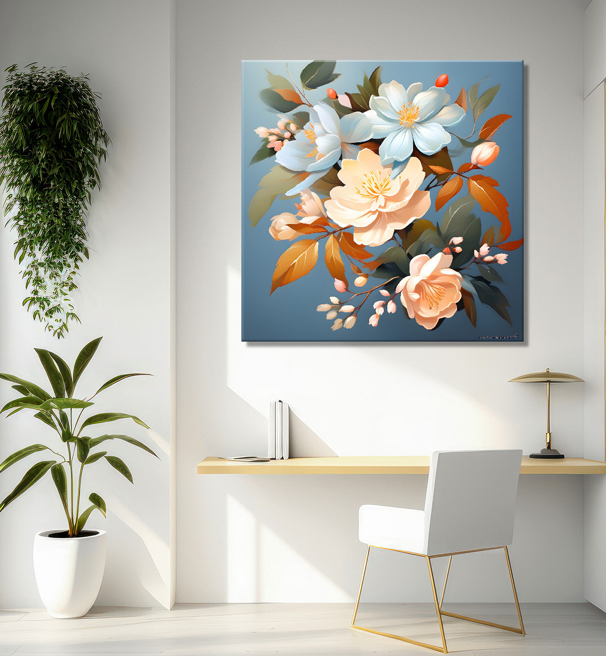 White flowers in sky blue textued painting - Flower-S-127
