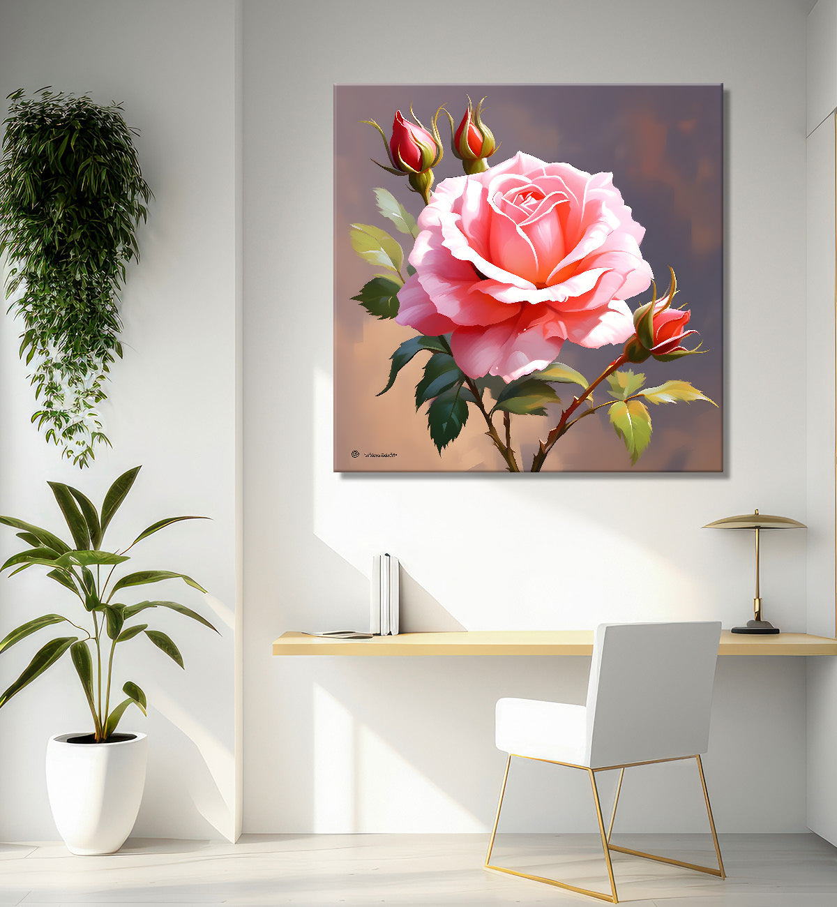 Pink flowers in light textured painting - Flower-S-135