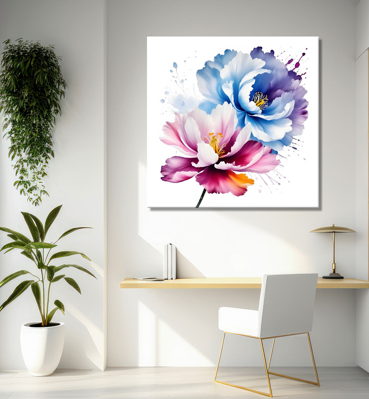 Pink and blue flower water colour painting - Flower-S-136