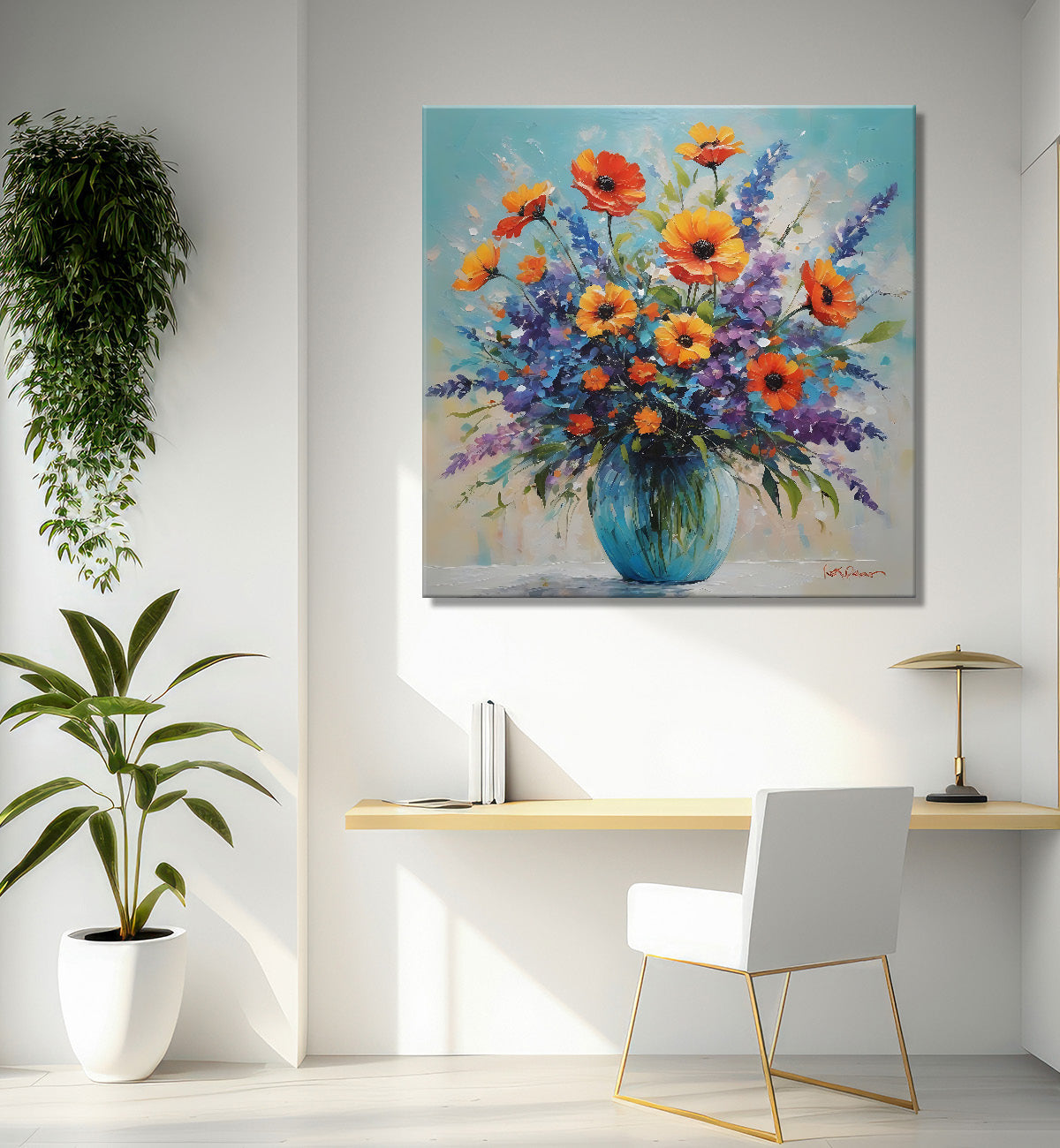 Colourful flowers in a vas in blue textured painting - Flower-S-147