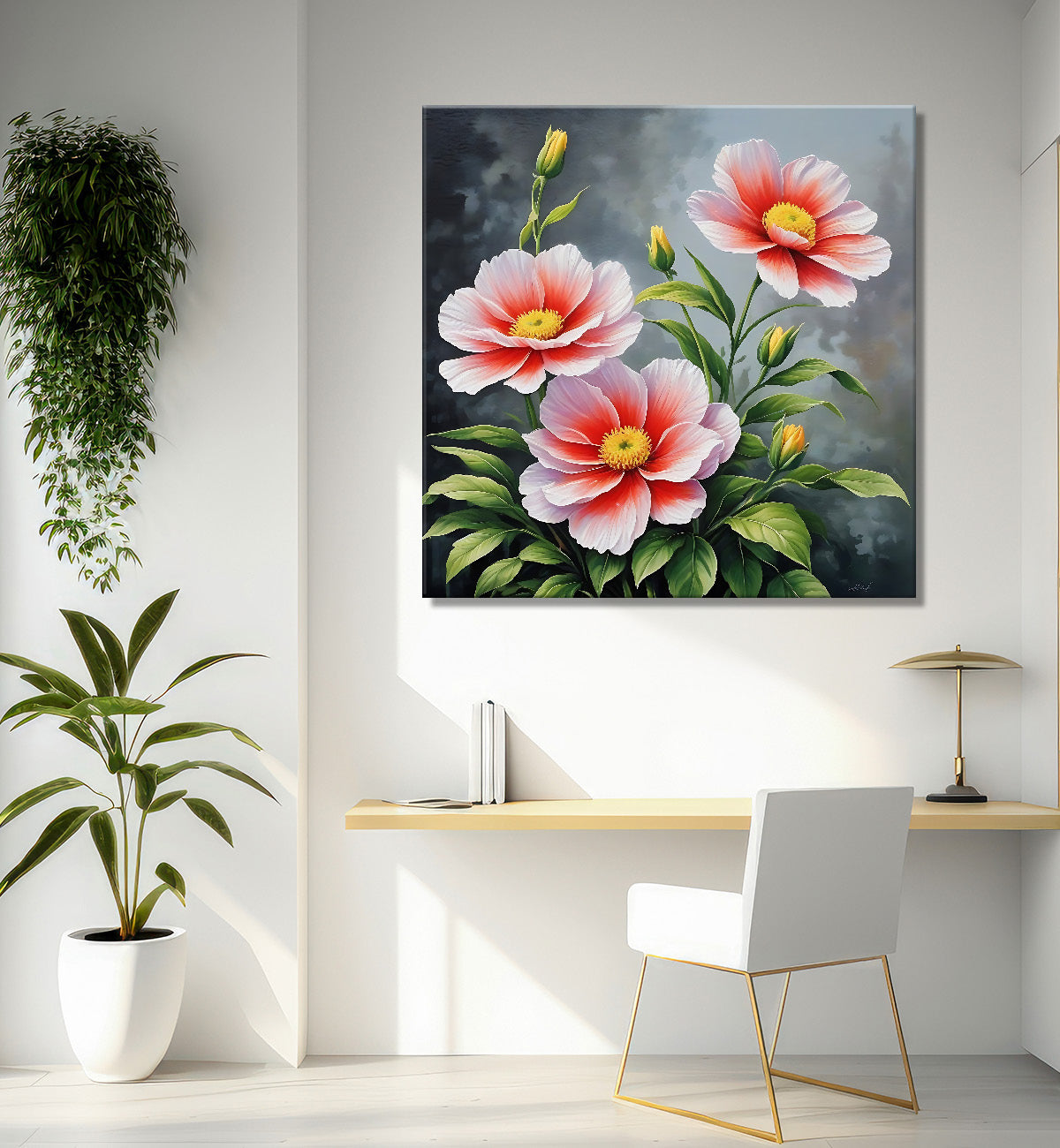 Pink flowers in grey background textured painting - Flower-S-148
