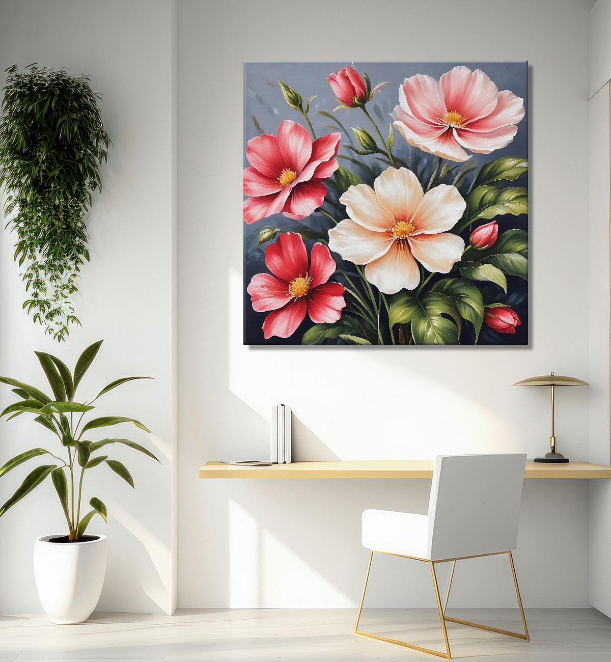 White and pink flowers in grey textured painting - Flower-S-150