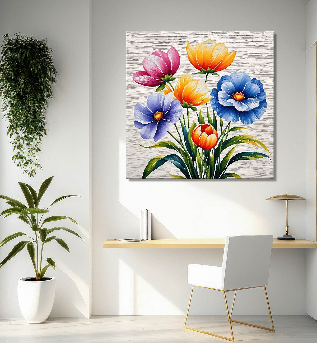 Colourful  flowers in grey textured painting - Flower-S-151