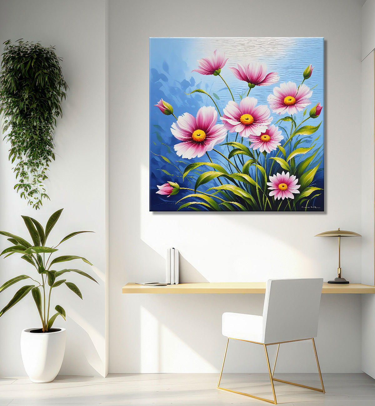 Pink flowers in blue background textured painting - Flower-S-153