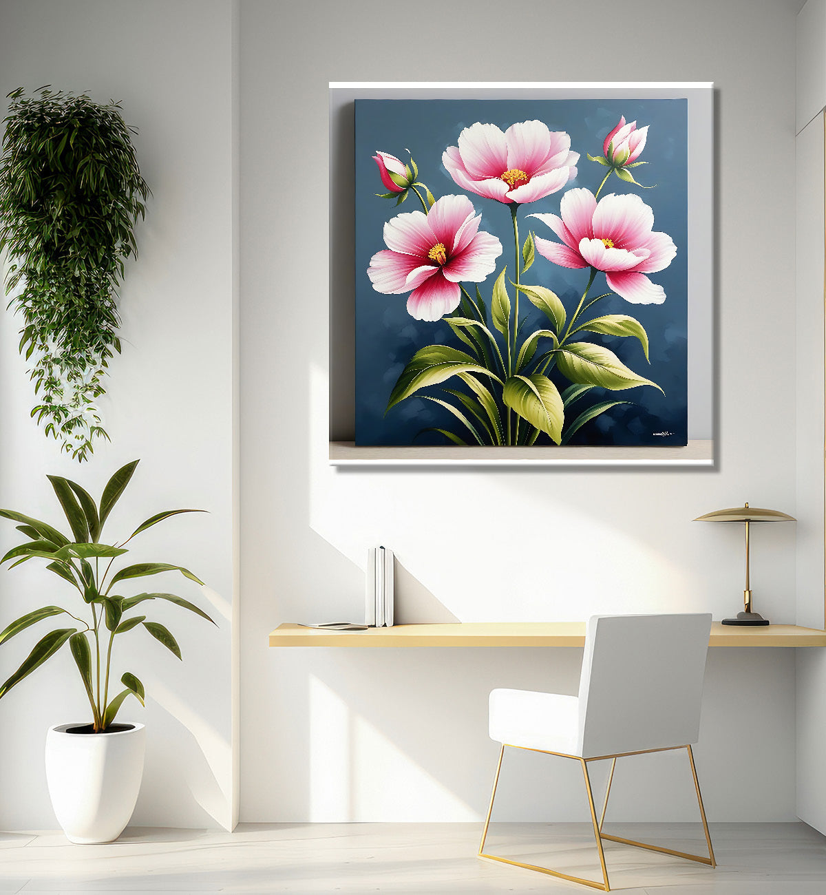 Pink flowers in grey background textured painting - Flower-S-154