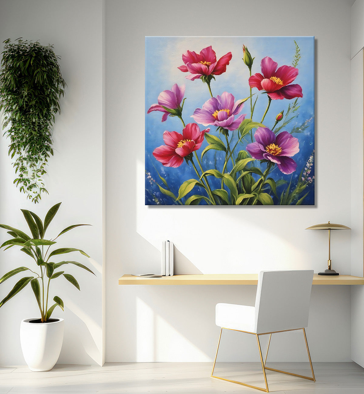 Pink flowers in blue background textured painting - Flower-S-155