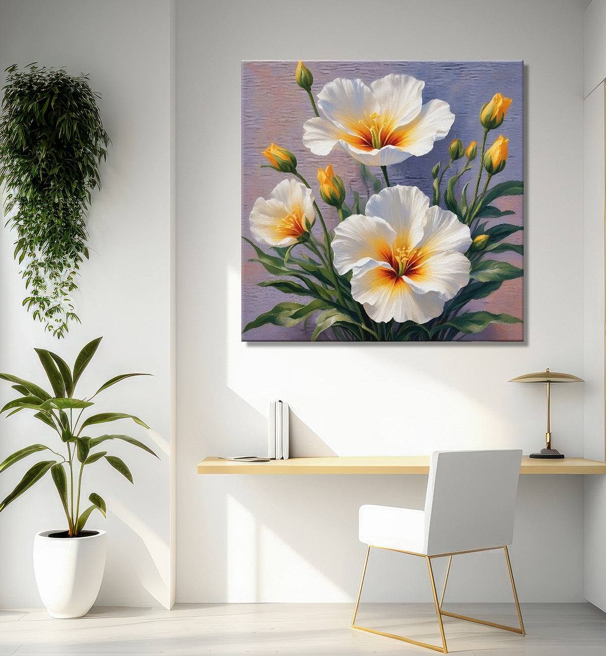 White flowers in grey textured painting- Flower-S-156