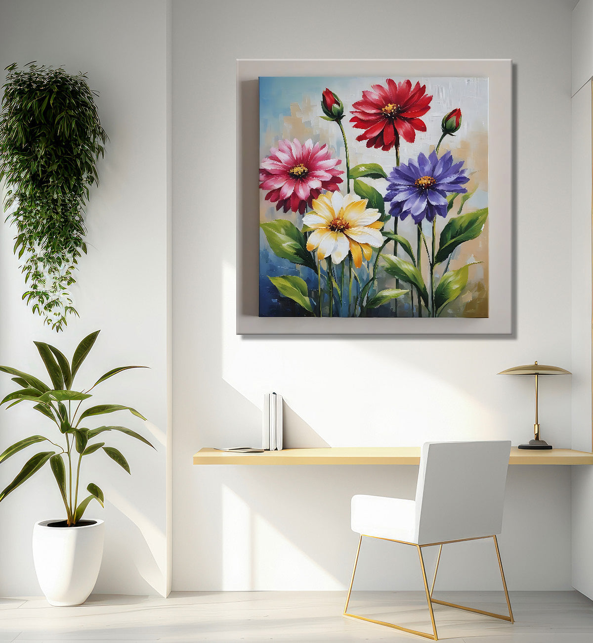 Colourful  flowers in grey textured painting - Flower-S-158