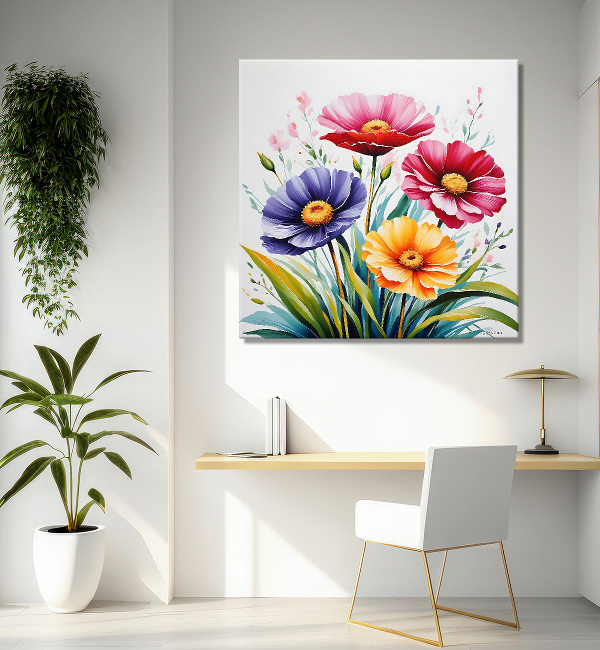 Colourful  flowers in white textured painting - Flower-S-159