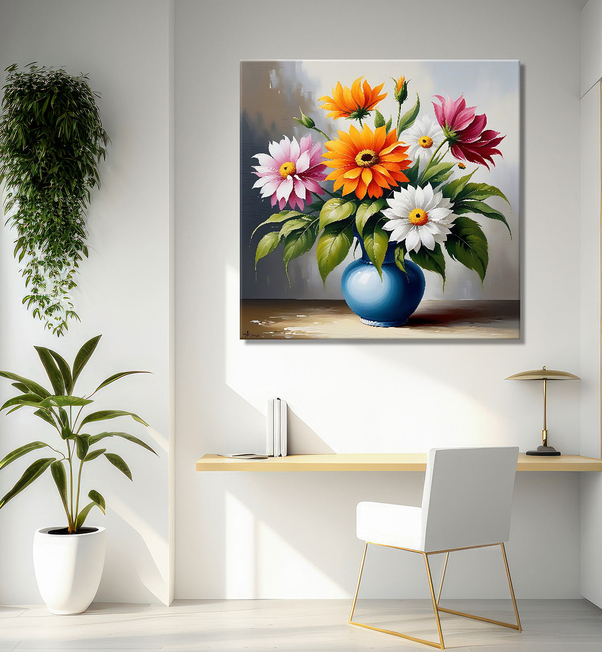 Colourful  flowers in a vas in grey textured painting - Flower-S-160