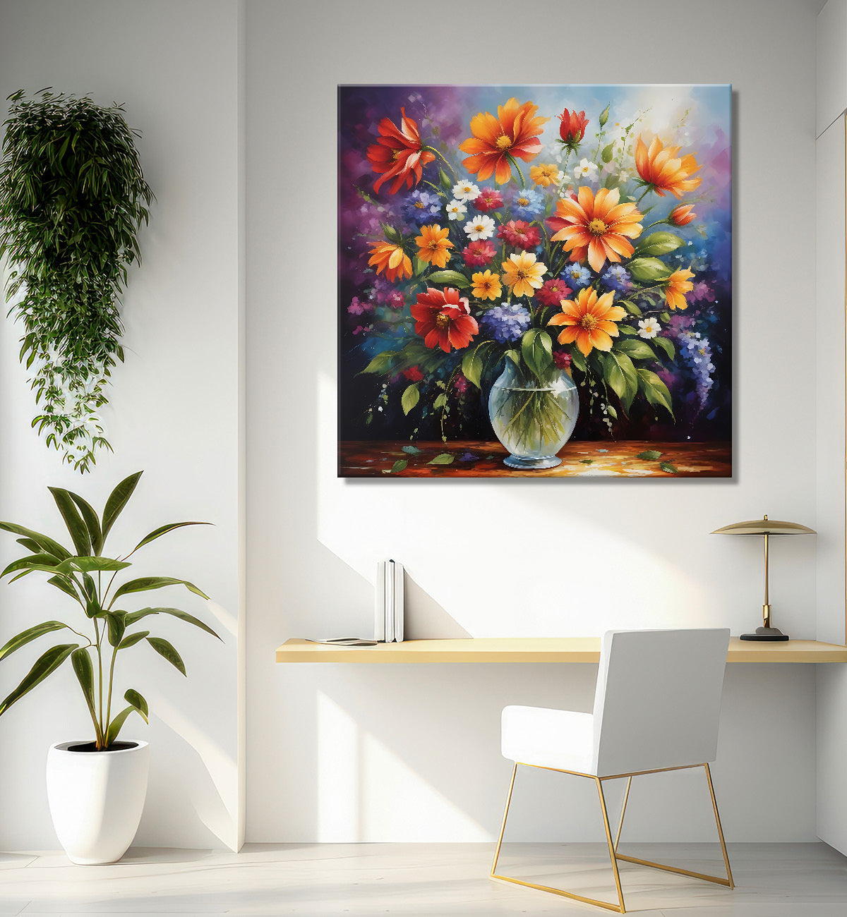 Colourful  flowers in a vas in dark textured painting - Flower-S-161