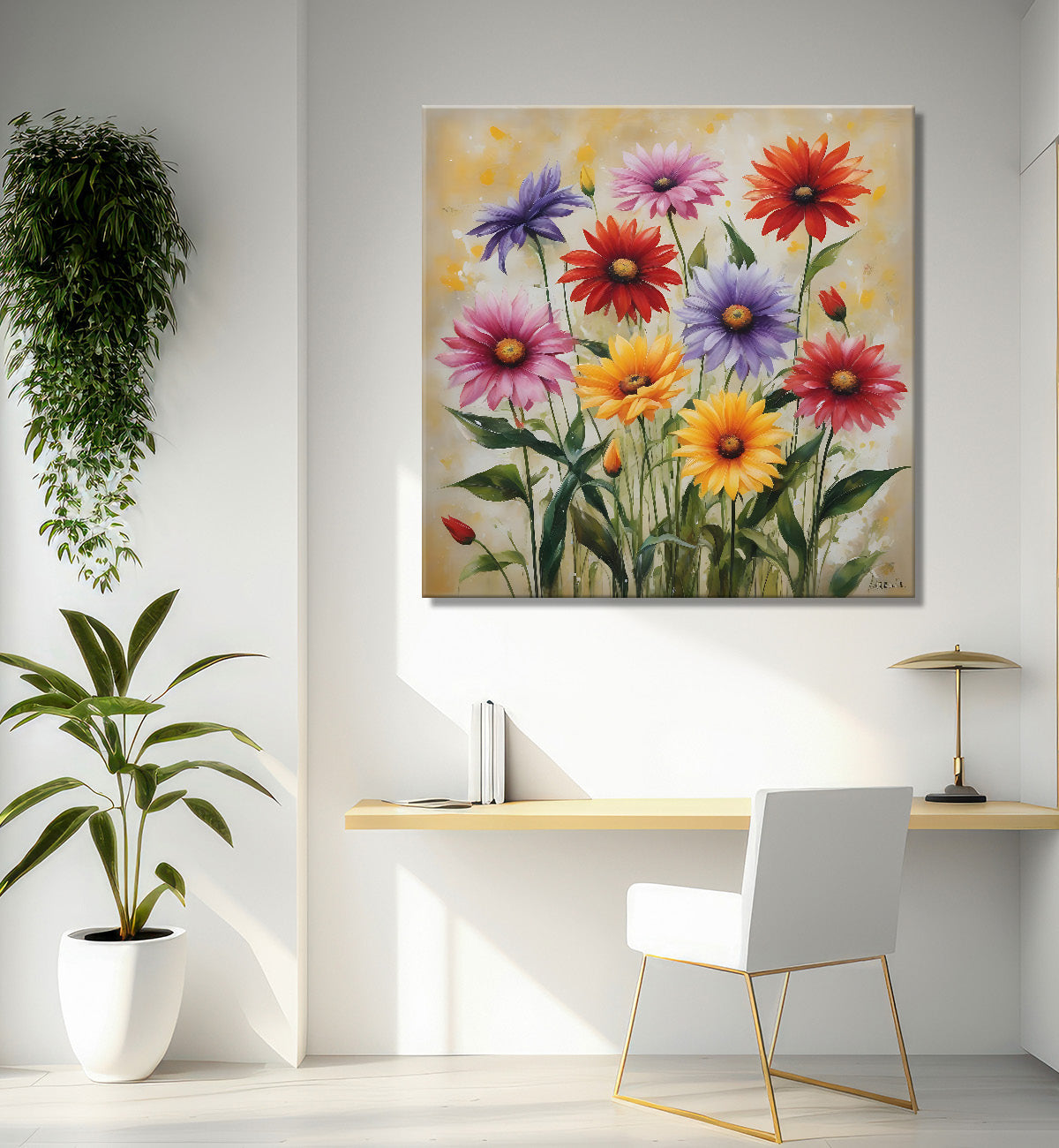 Colourful  flowers in light textured painting - Flower-S-162