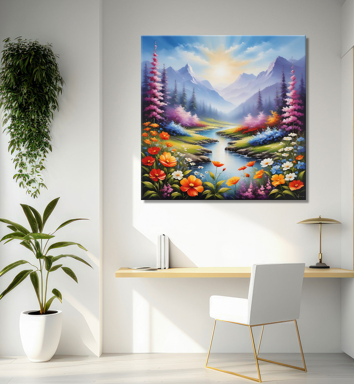 Mountains with pink trees and orange flowers with a lake textured painting - Flower-S-163