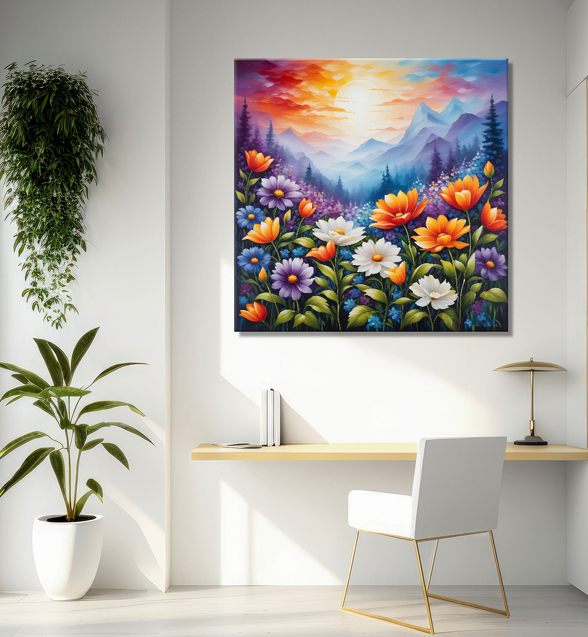 Mountains with beautiful flowers textured painting- Flower-S-164