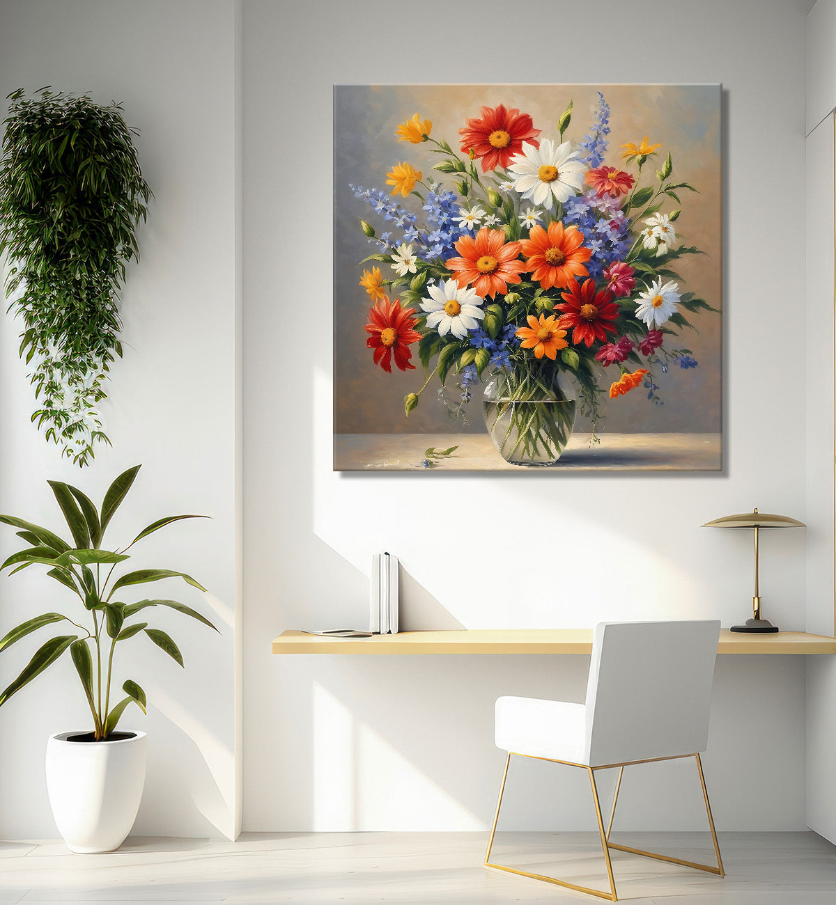 Colourful flowers in a vas in grey textured painting - Flower-S-165
