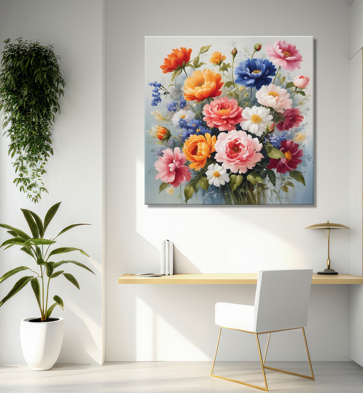 Colourful flowers in a vas in grey textured painting - Flower-S-166