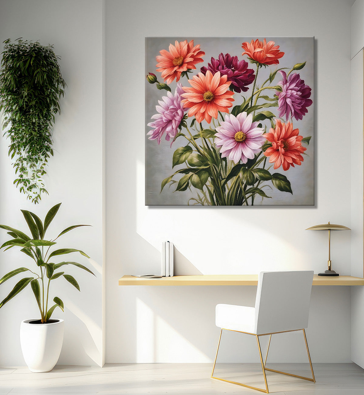 Colourful flowers in grey textured painting - Flower-S-167