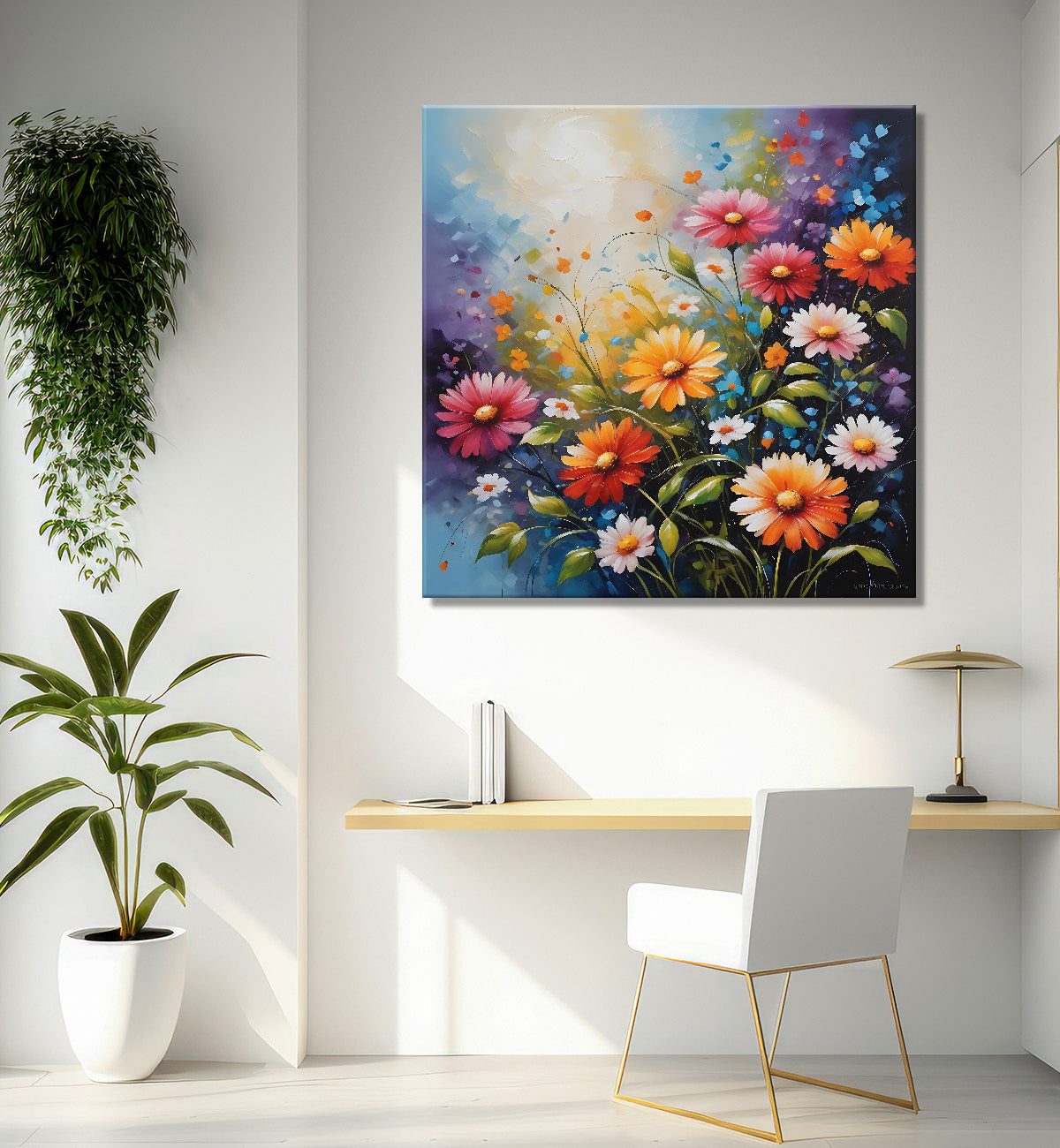 Colourful flowers in blue textured painting - Flower-S-168