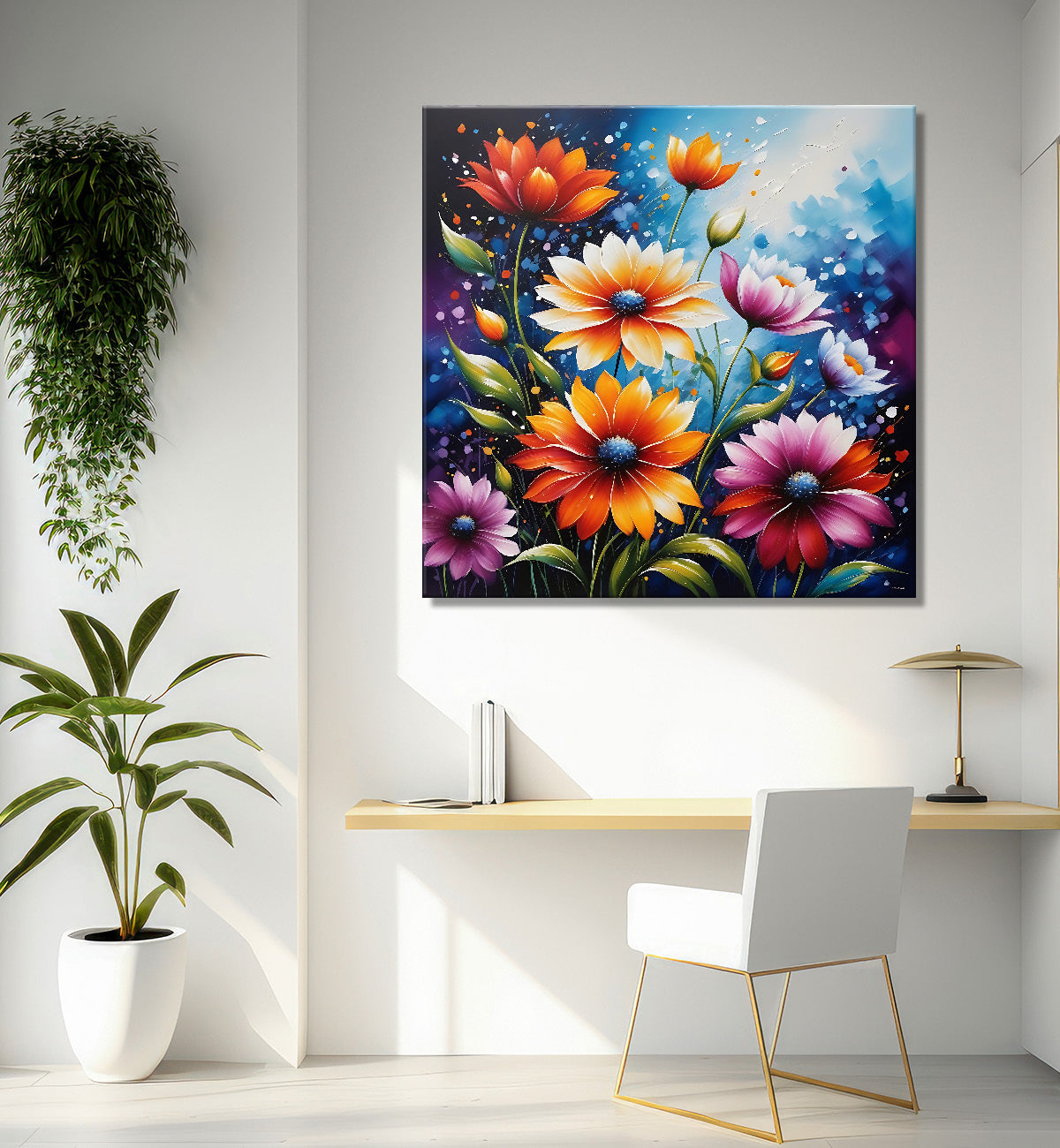 Colourful flowers in blue textured painting - Flower-S-169