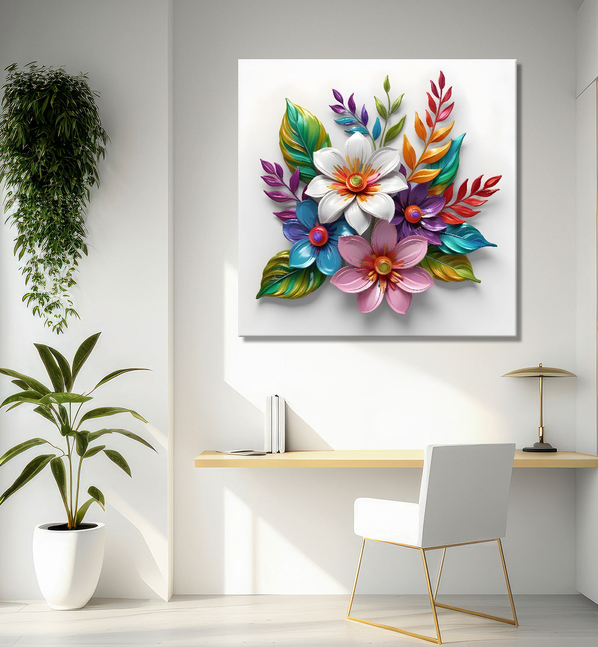 Colourful flowers in white background textured painting - Flower-S-173