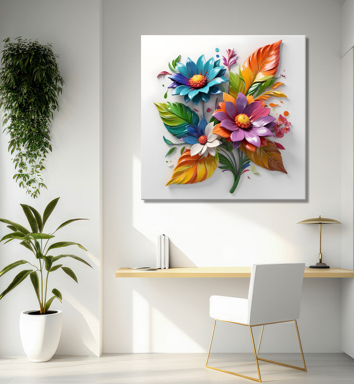 Colourful flowers in white background textured painting - Flower-S-178