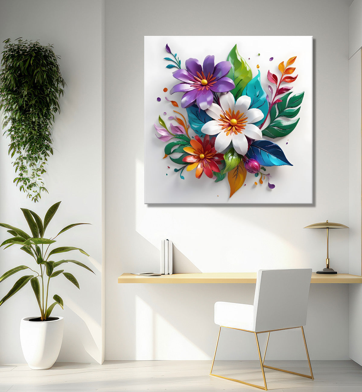 Colourful flowers in white background textured painting - Flower-S-181