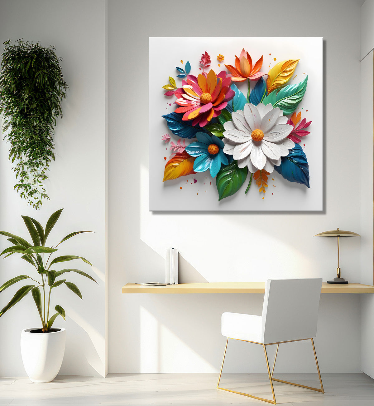 Colourful flowers in white background textured painting - Flower-S-182
