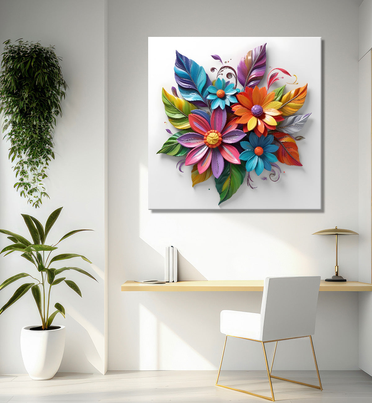 Colourful flowers in white background textured painting - Flower-S-187