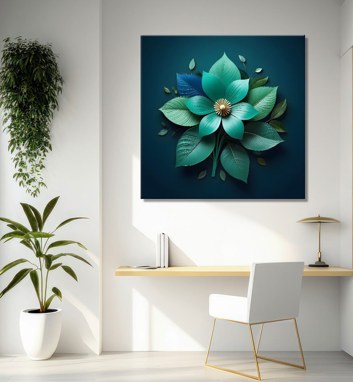 Green flower in dark green textured painting  - Flower-S-189