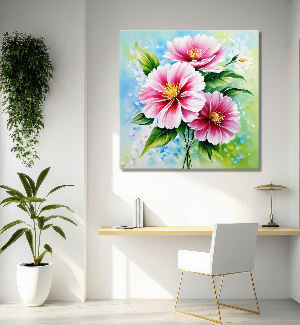 Pnk flowers in green textured painting - Flower-S-190