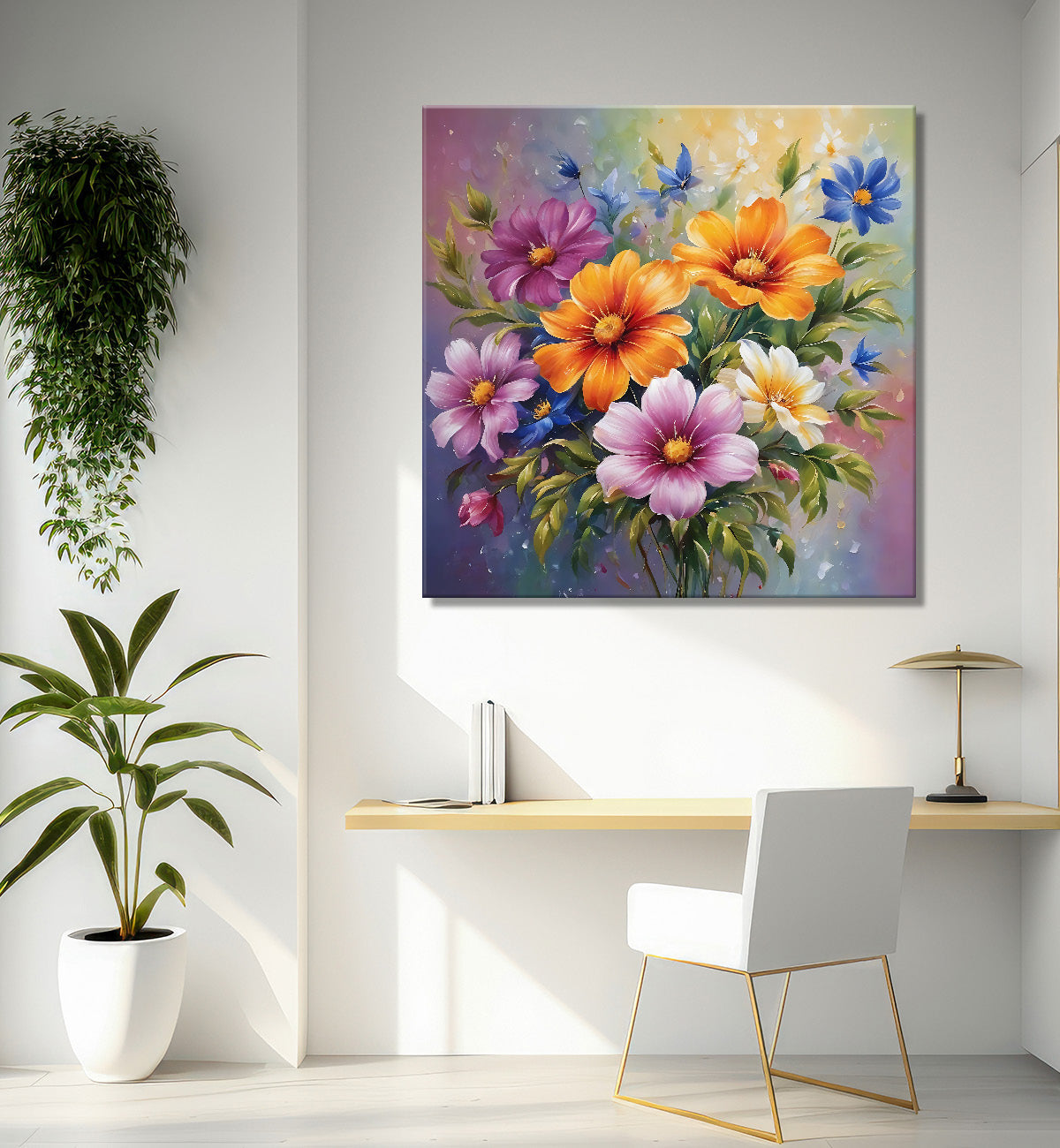 Colourful flowers in pink and grey background textured painting  - Flower-S-191