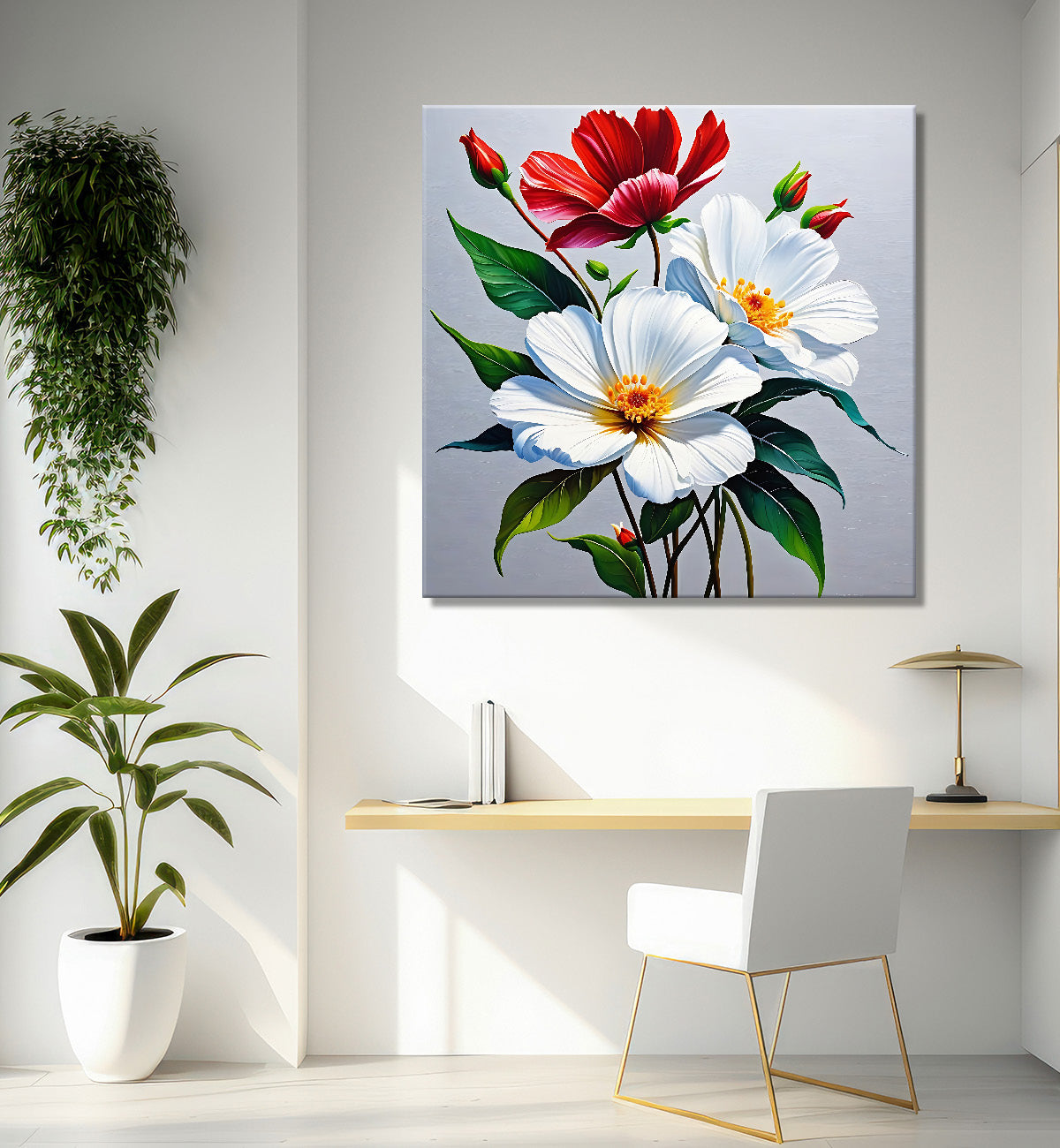 Red and white flowers in grey textured painting - Flower-S-192