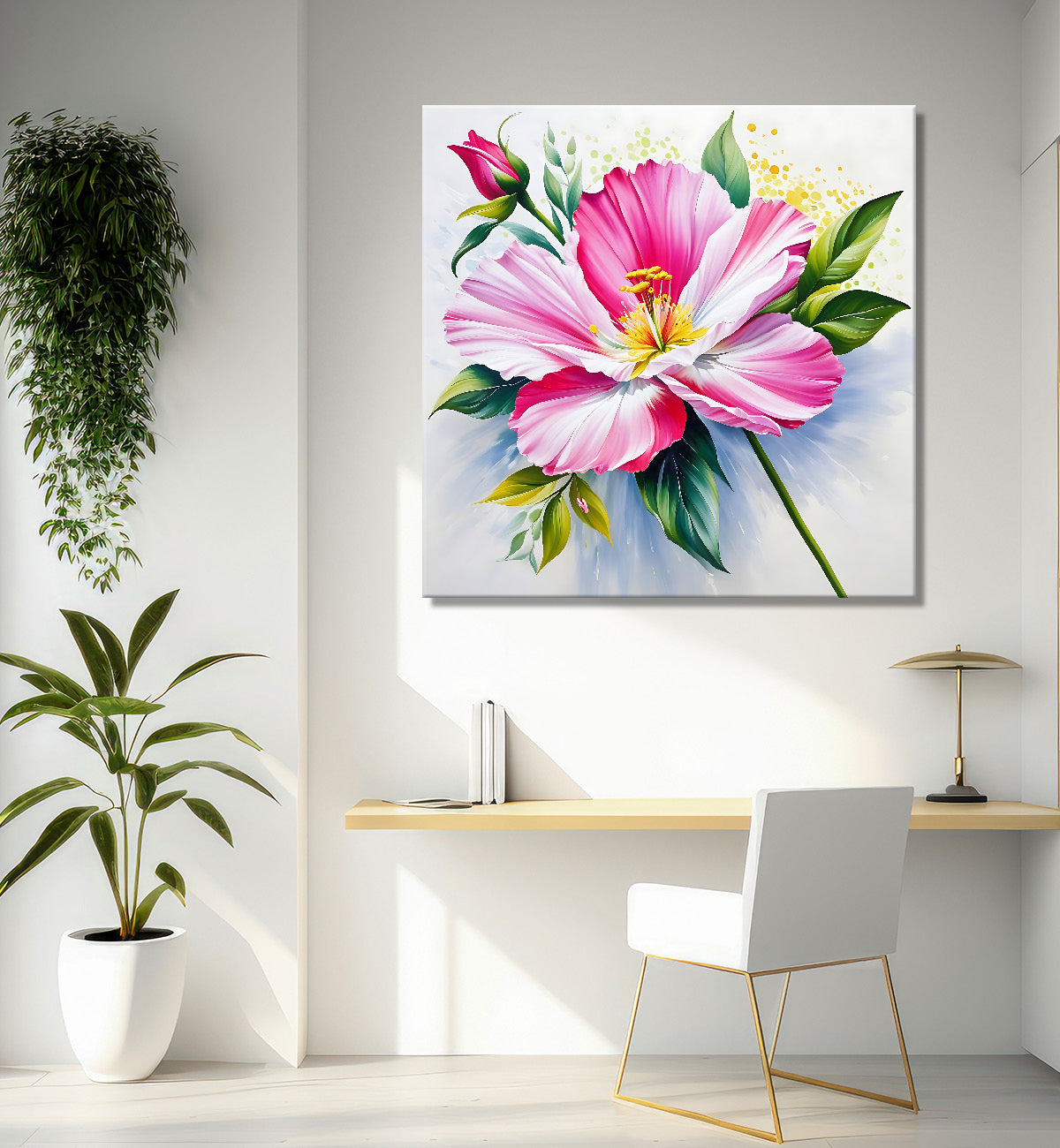 Pink flowers in grey textured painting - Flower-S-193