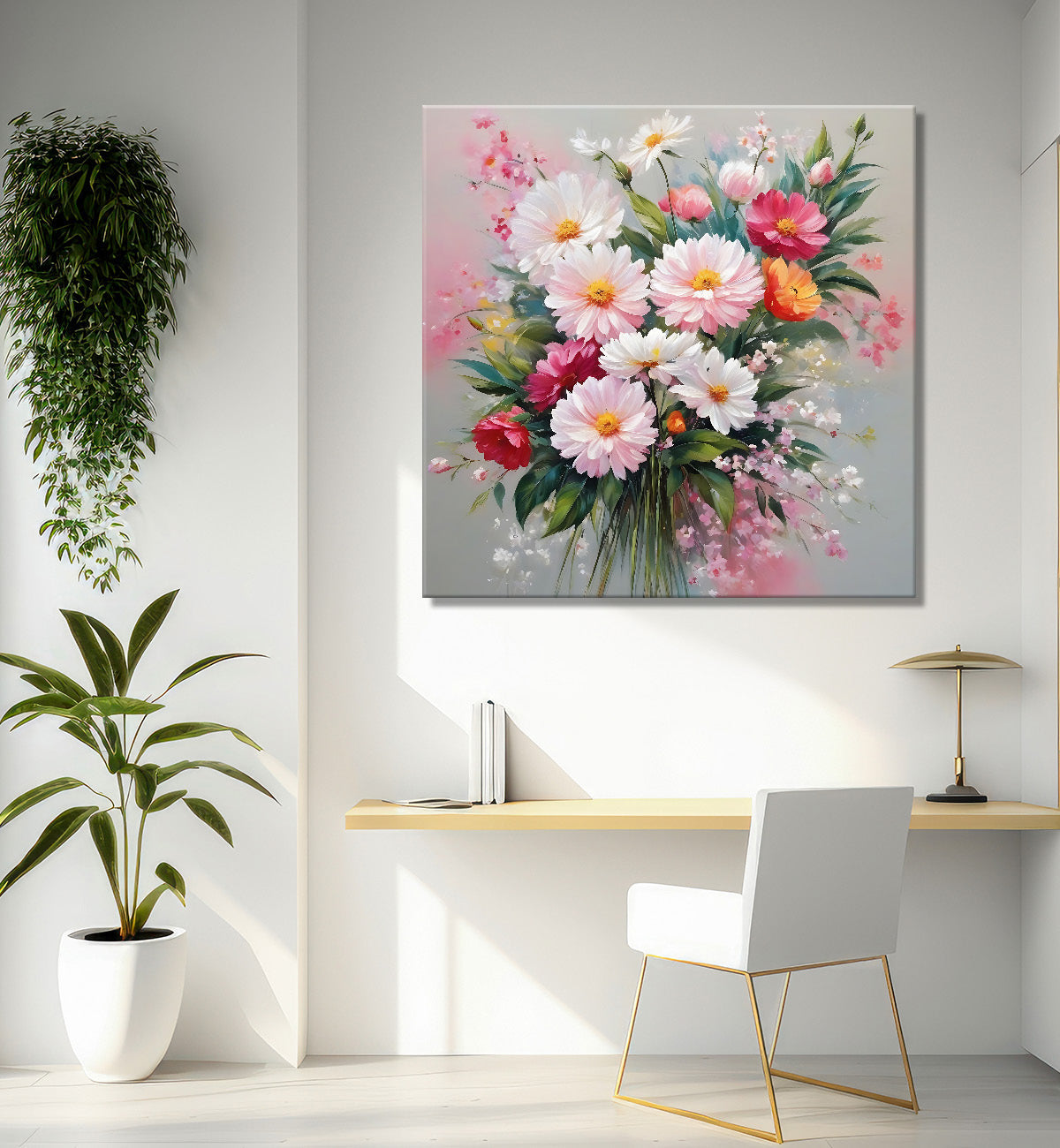 Colourful flowers in pink and grey background textured painting - Flower-S-194