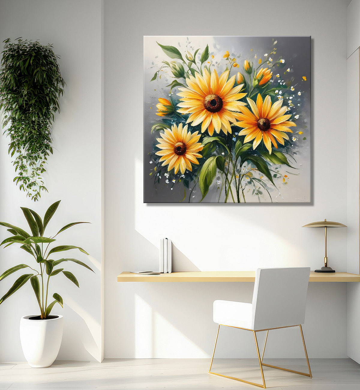 Sunflowers in grey textured painting - Flower-S-195