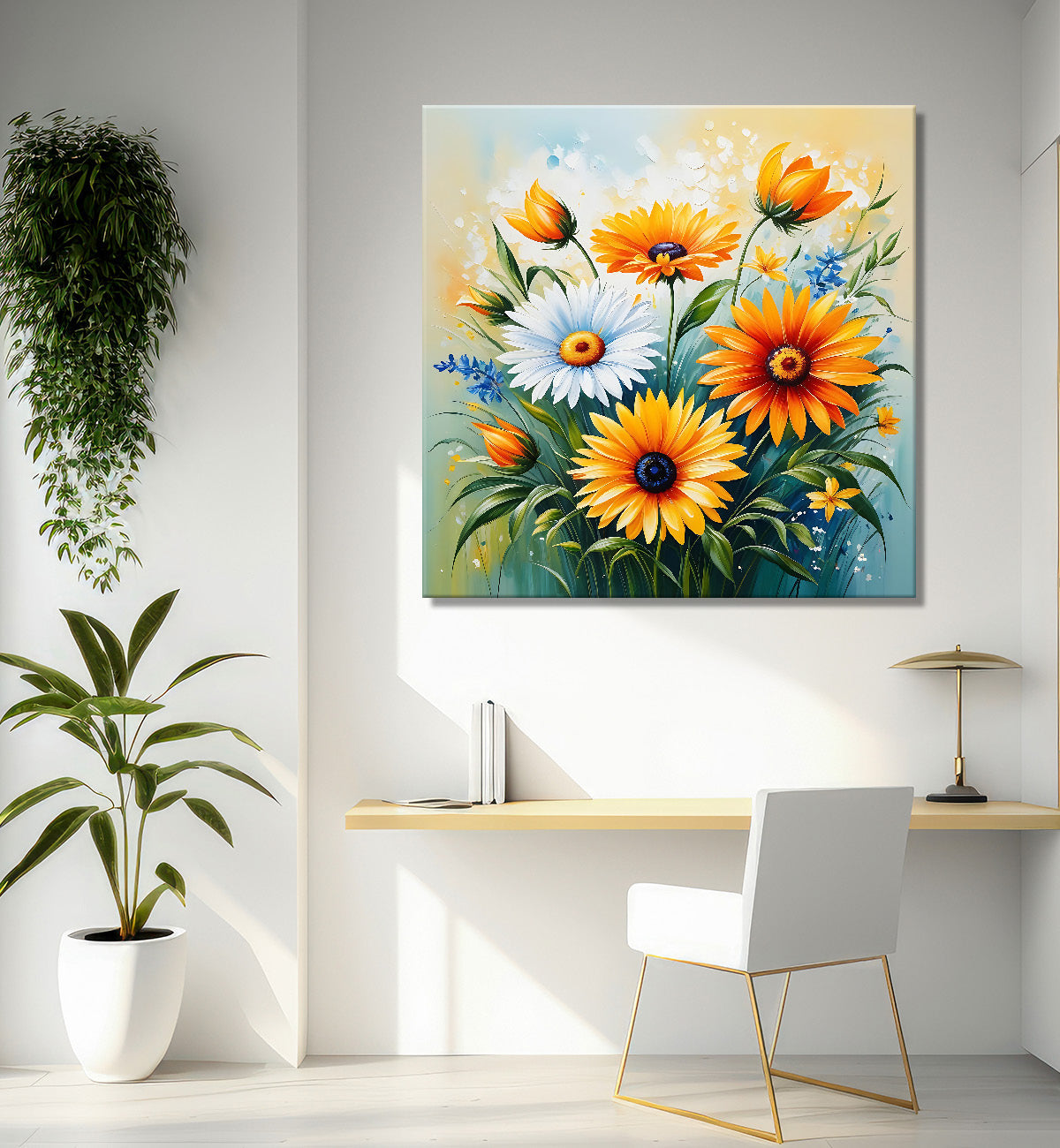 Sunflowers in blue and yellow textured painting - Flower-S-197