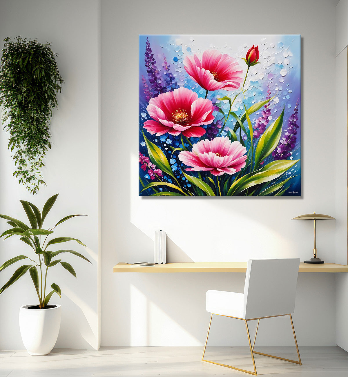 Pink flowers in blue background textured painting - Flower-S-198