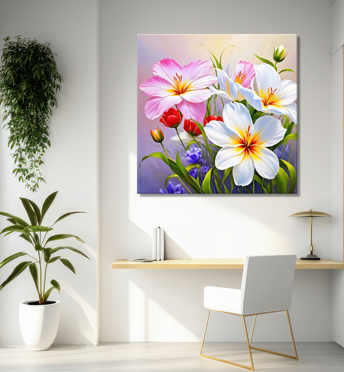 White and pink flowers in grey textured painting - Flower-S-199