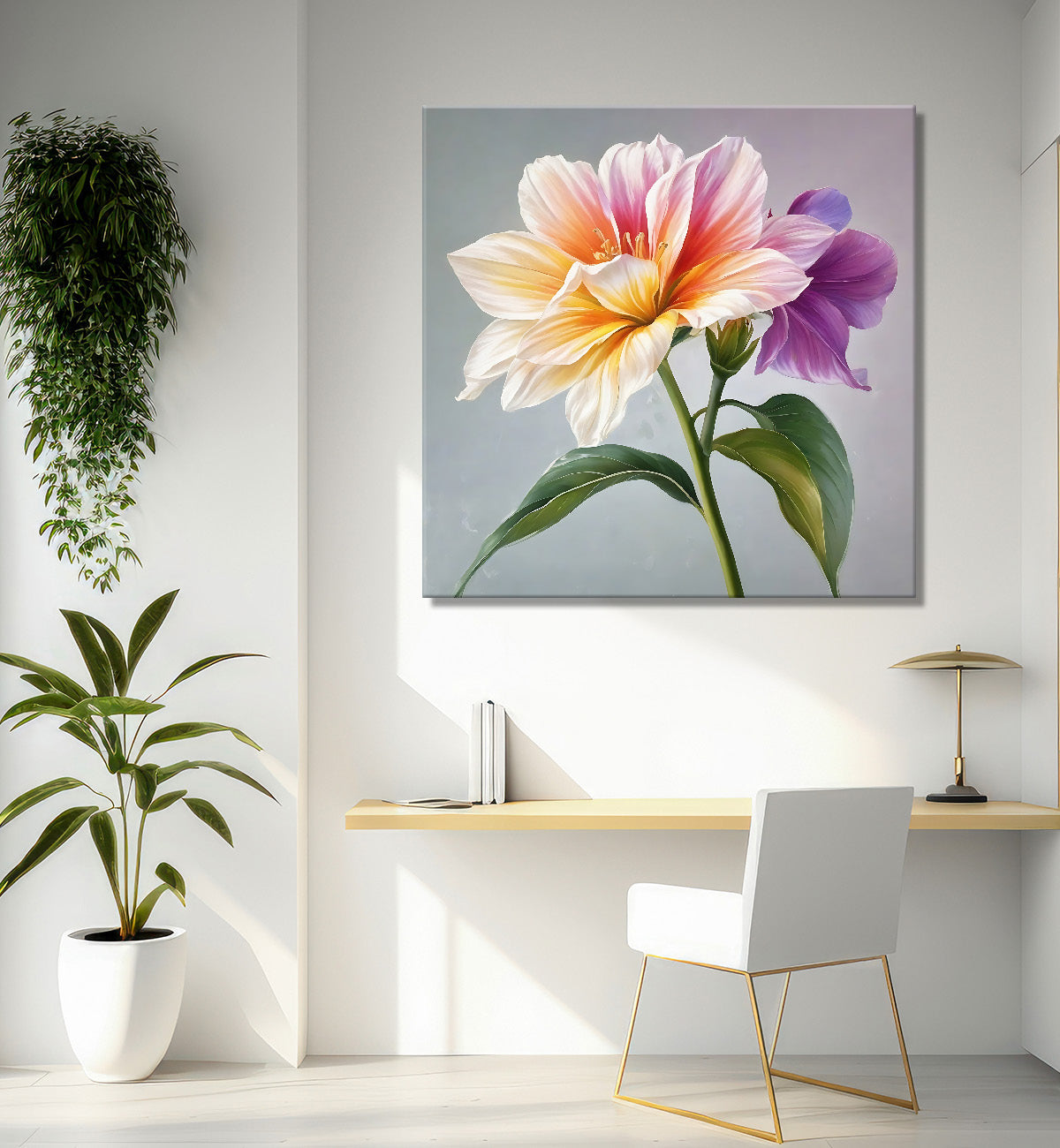 White flowers in grey textured painting - Flower-S-200