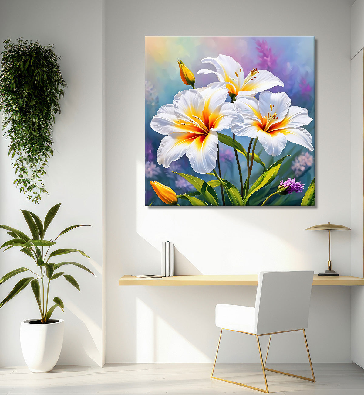 White flowers in purple background painting - Flower-S-202