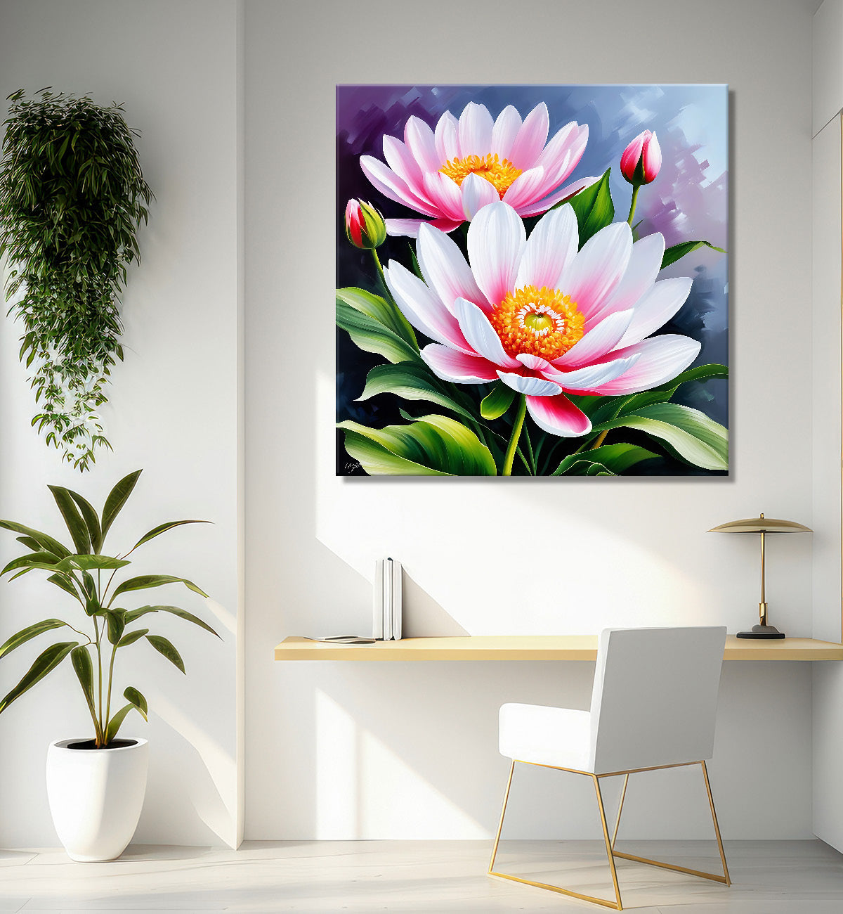 Pink flowers in blue background textured painting - Flower-S-203